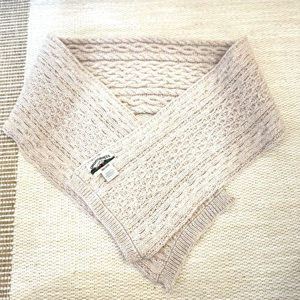 Aran Crafts Made in Ireland 100% Merino Wool Cable Knit Scarf Oatmeal Cream